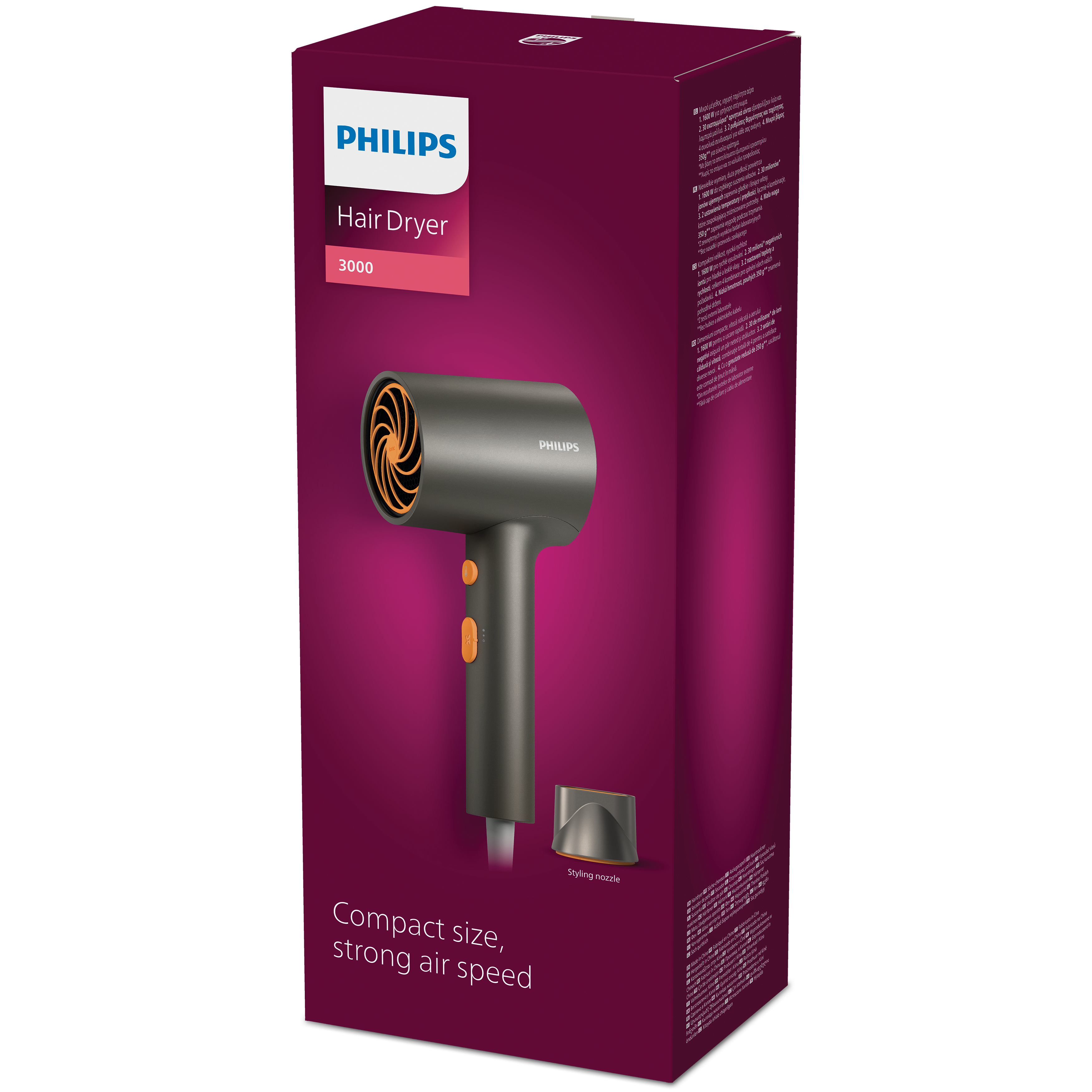 Opakowanie szarej suszarki do włosów Philips model 3000 z pomarańczowymi akcentami.