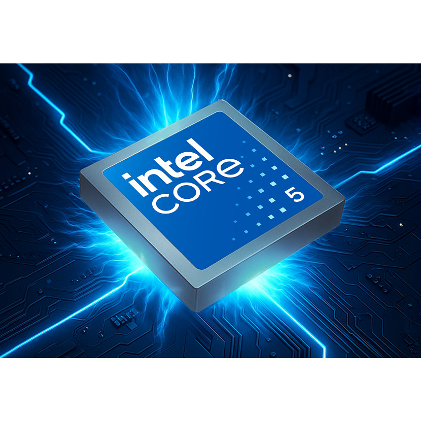 Ein Intel Core i5 Prozessor mit blauen Lichteffekten auf einer Leiterplatte.