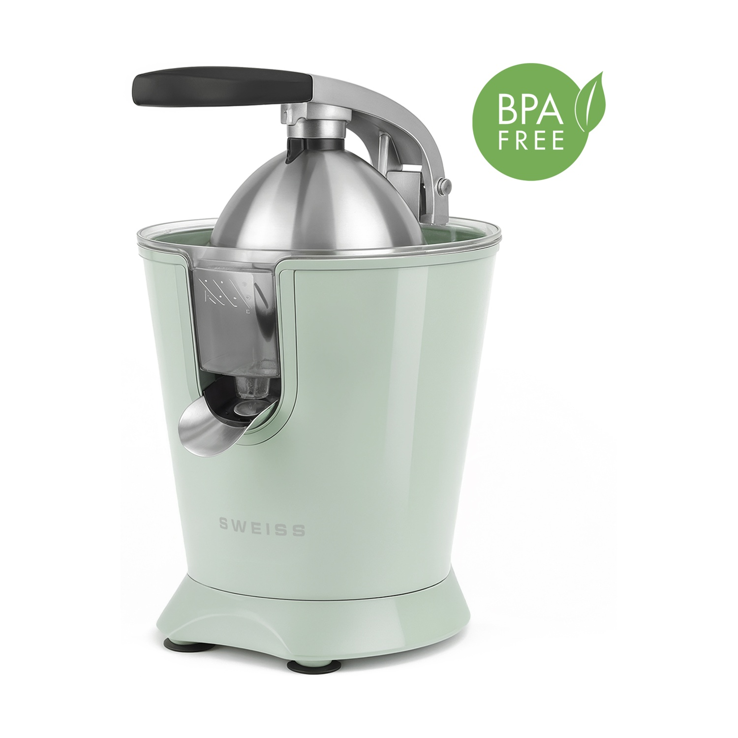 Spremiagrumi verde chiaro con leva argentata e logo BPA-free.