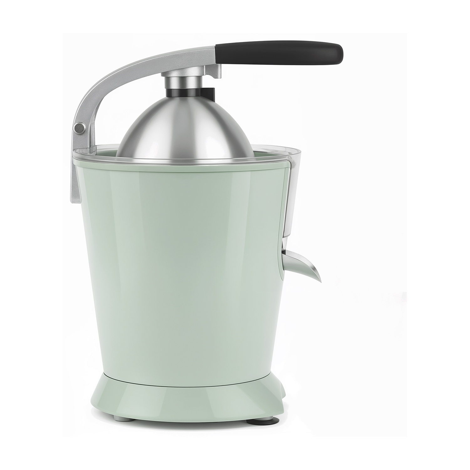 Spremiagrumi elettrico verde chiaro con manico argentato e cupola in metallo.