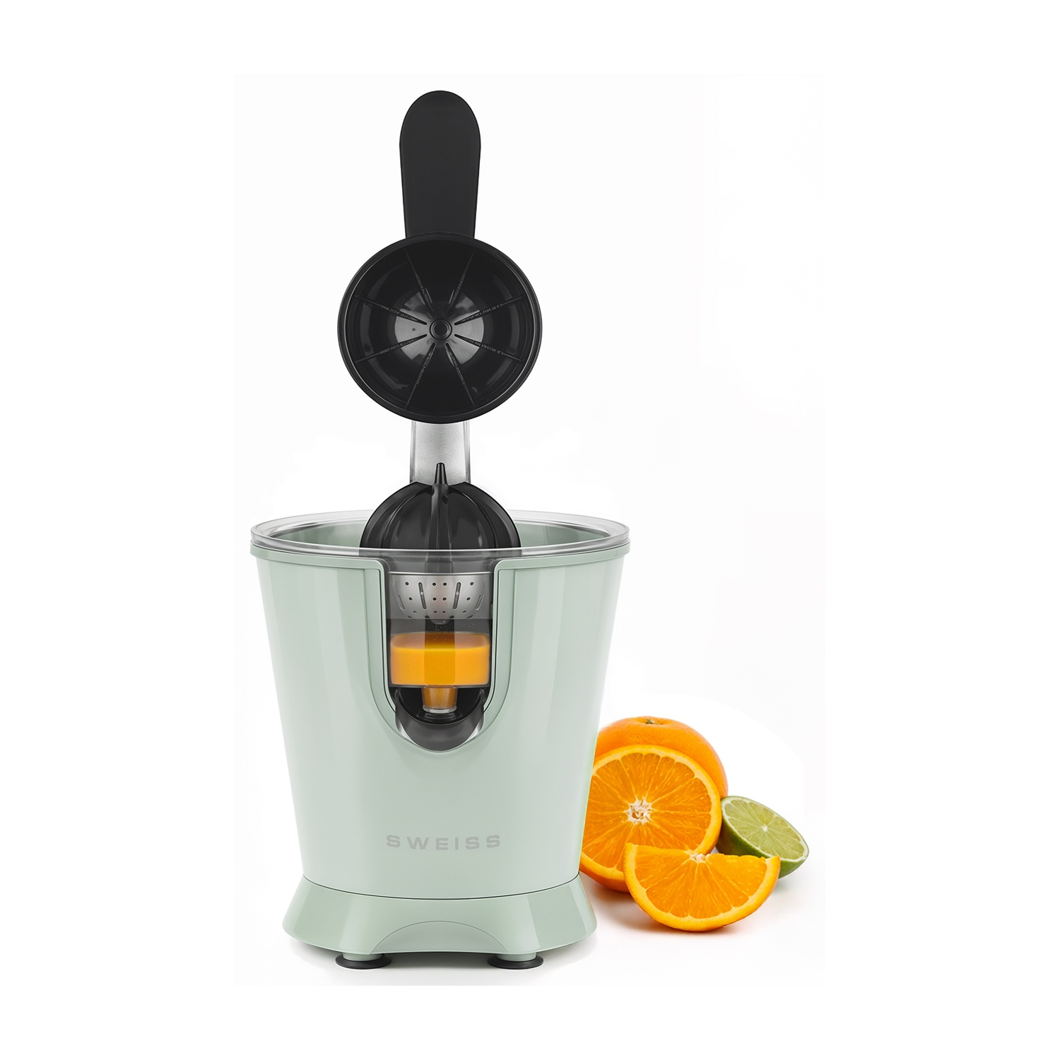 Un spremiagrumi verde menta con arance e lime accanto.