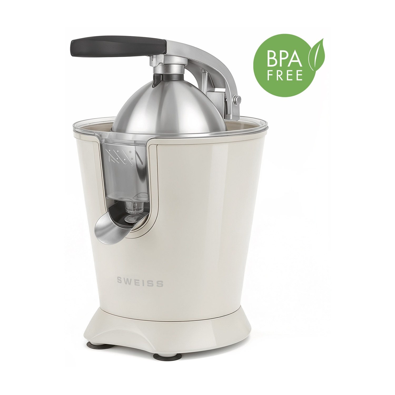 Spremiagrumi elettrico color crema con accenti argentati ed etichetta BPA-free.