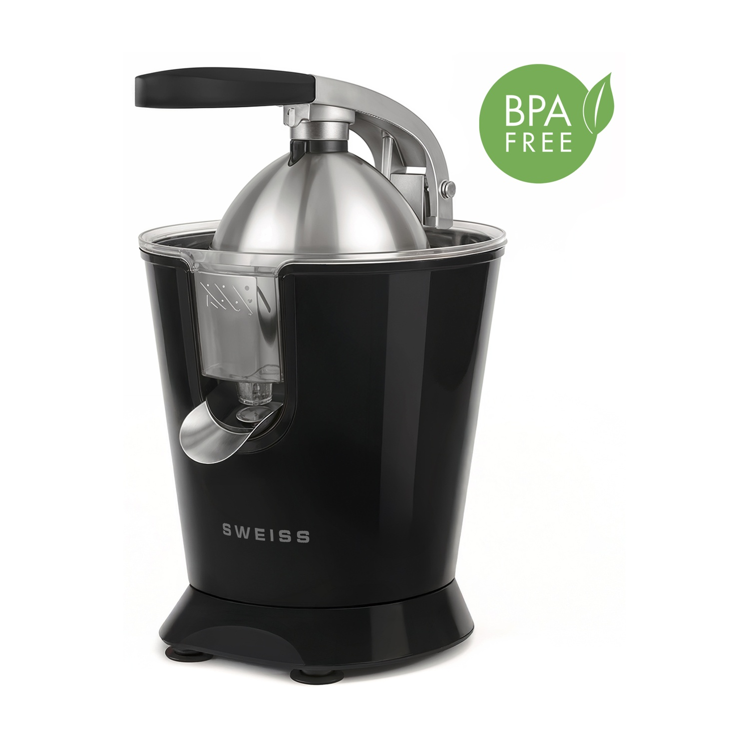 Un spremiagrumi nero con accenti argentati e logo BPA-free.
