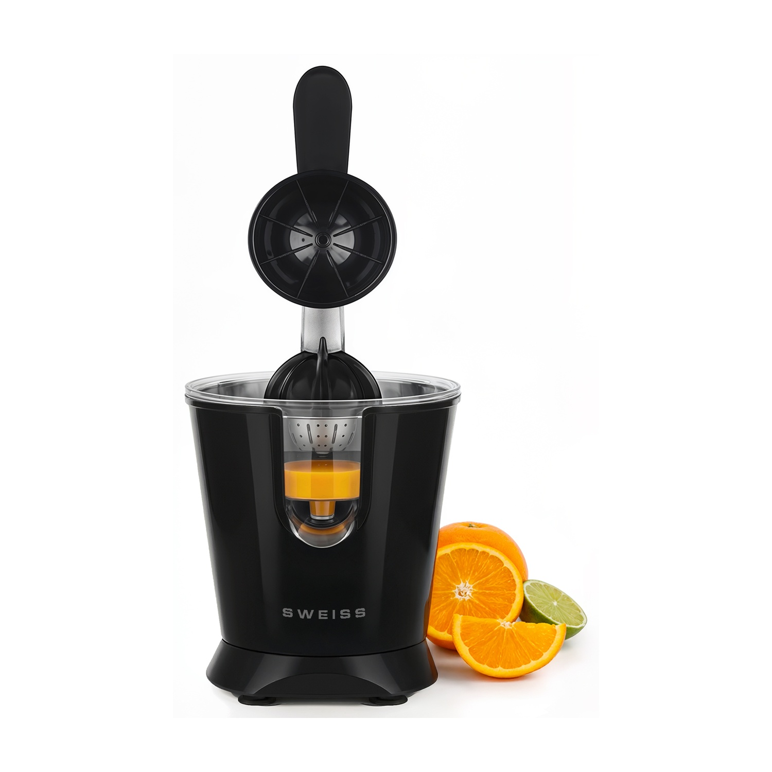 Spremiagrumi elettrico nero con arance e lime su sfondo bianco.
