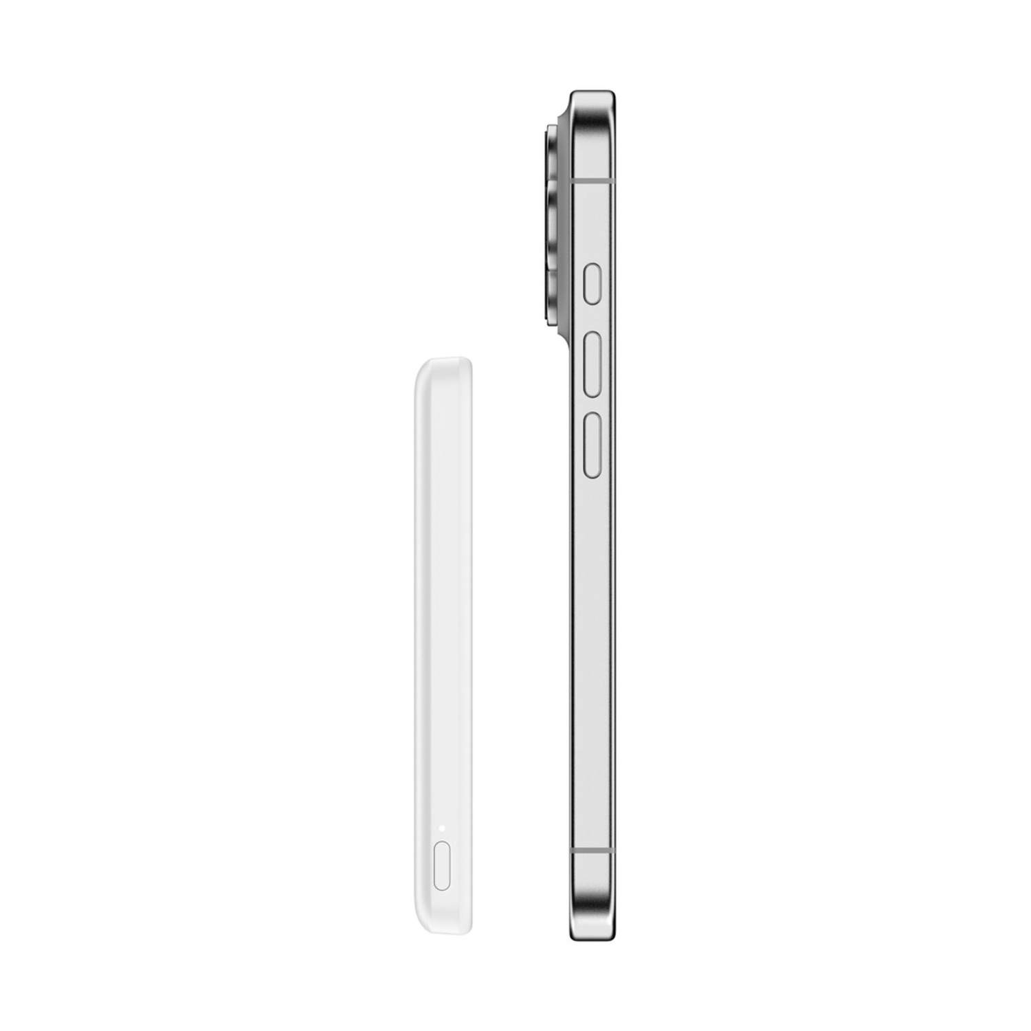Un cavo di ricarica bianco accanto a uno smartphone argentato.