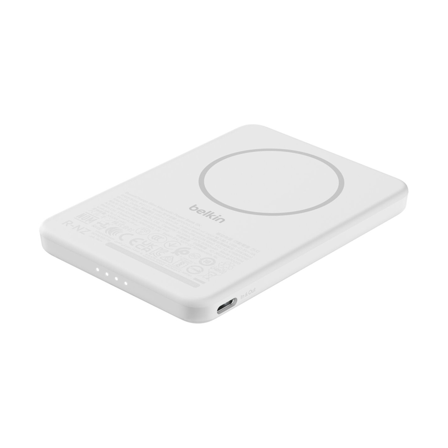 Power bank Belkin bianca e piatta con indicatore di carica e porta USB-C.