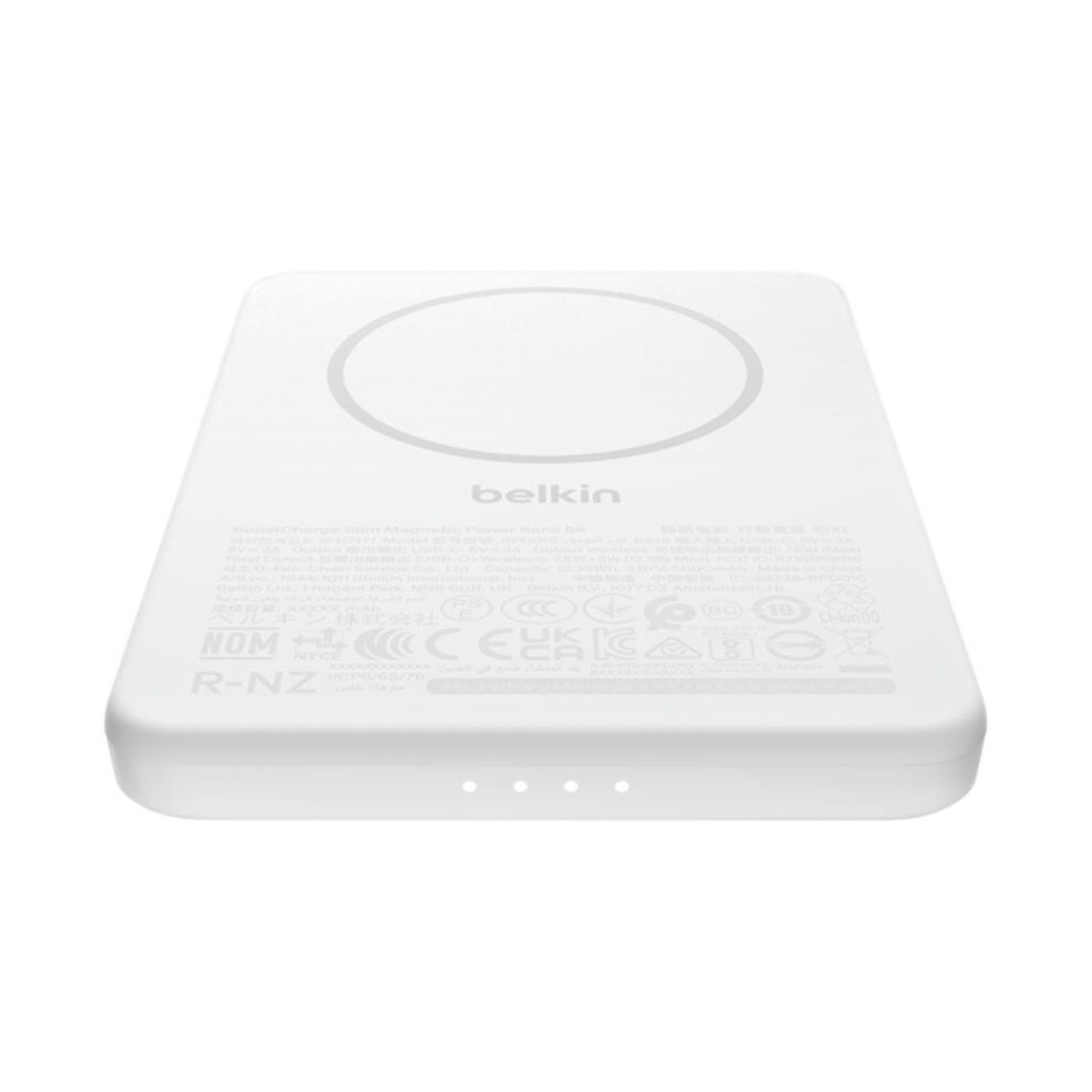 Power bank magnetico bianco Belkin con indicatori di carica e testo.