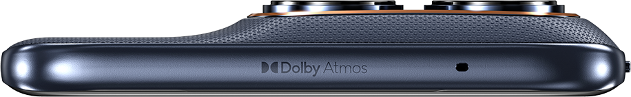 Sötétkék telefon Dolby Atmos logóval és textúrával. Kamerák felül.