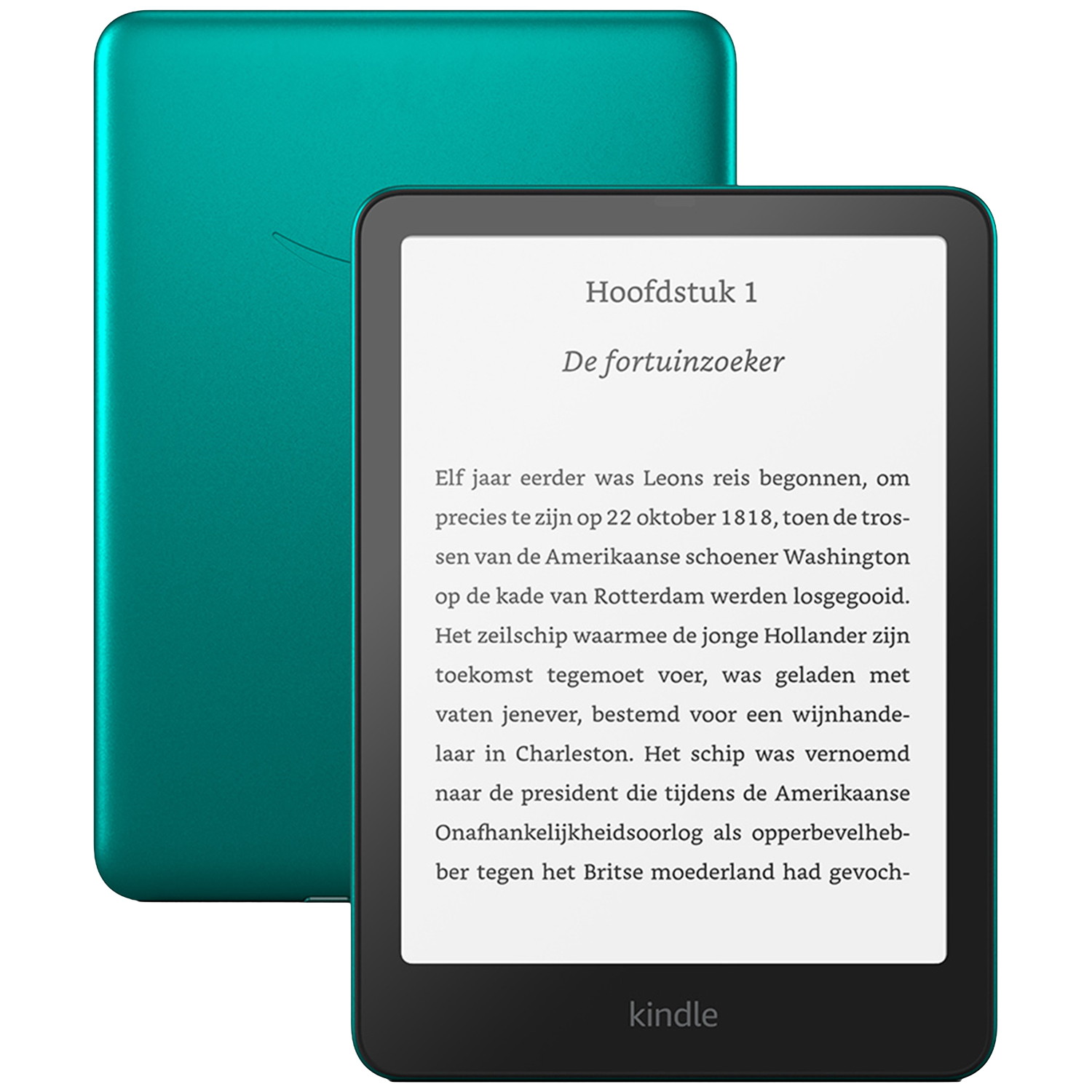 Un e-reader Kindle bleu sarcelle affiche le texte d'un livre intitulé 'De fortuinzoeker'.