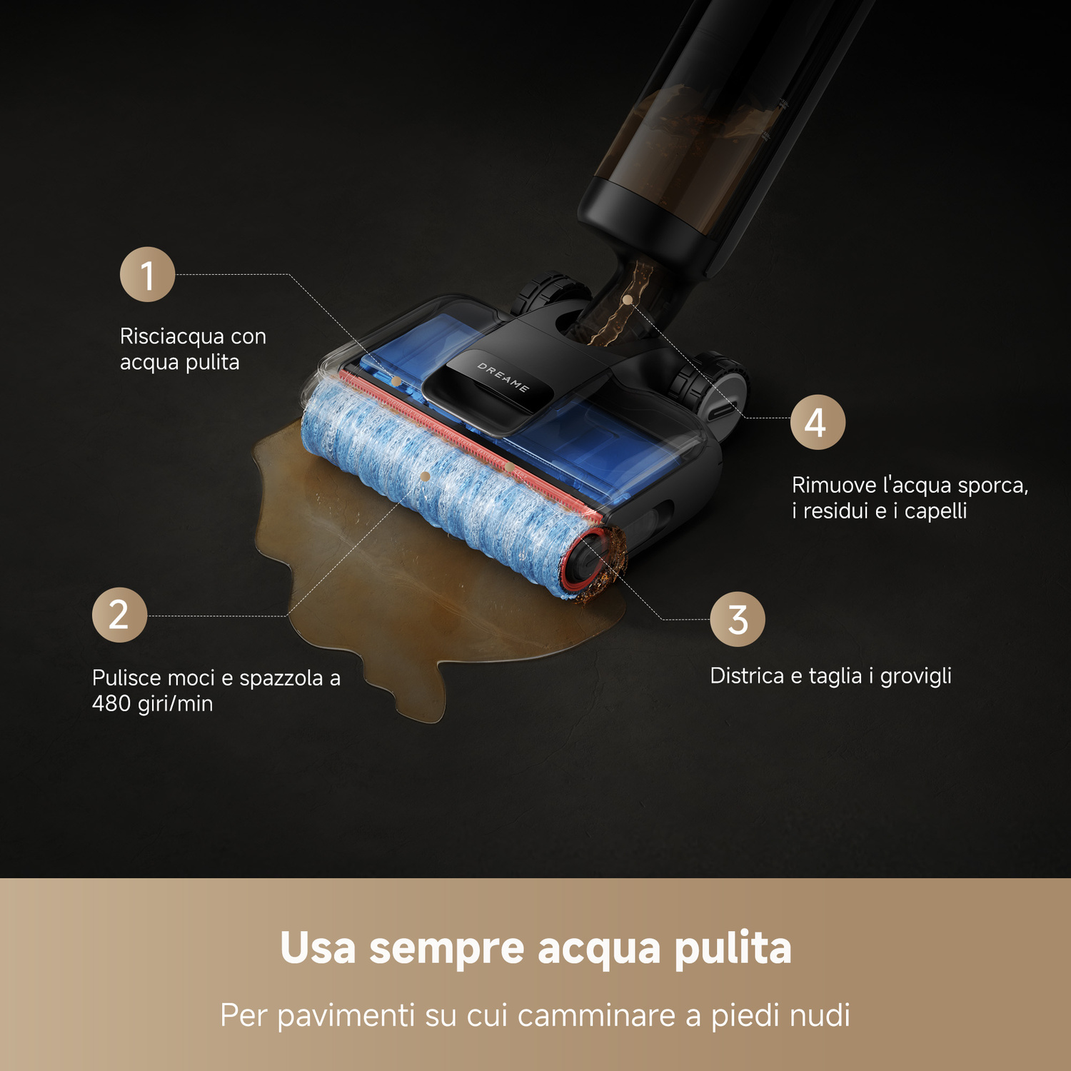 Un aspiratore liquidi/solidi pulisce il pavimento con spazzola rotante e acqua.