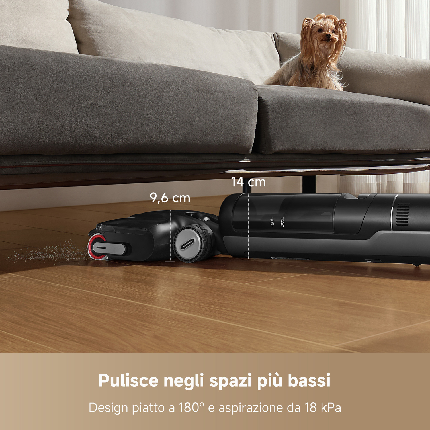 Un cane è seduto su un divano mentre un aspirapolvere pulisce il pavimento sottostante.
