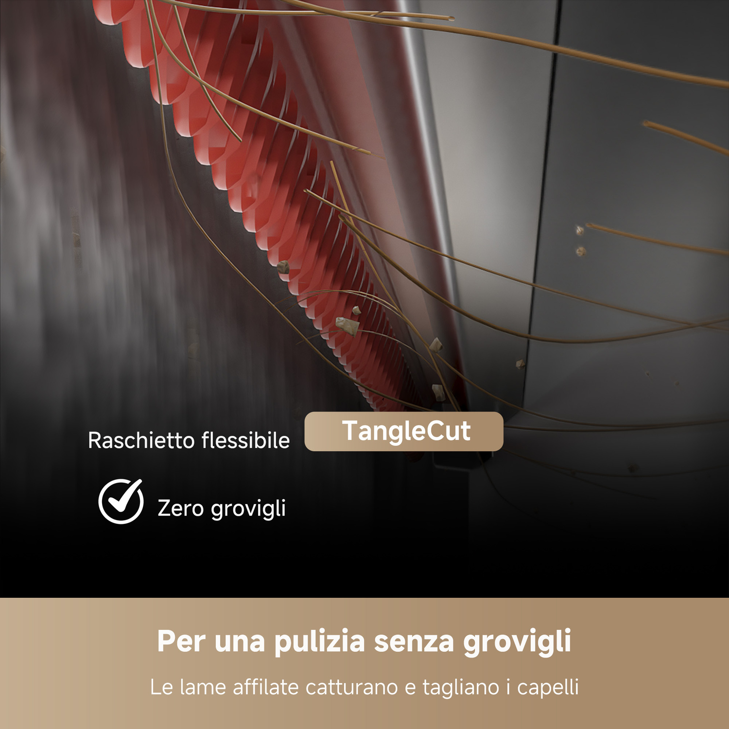 Lame rosse con capelli e detriti, logo TangleCut.