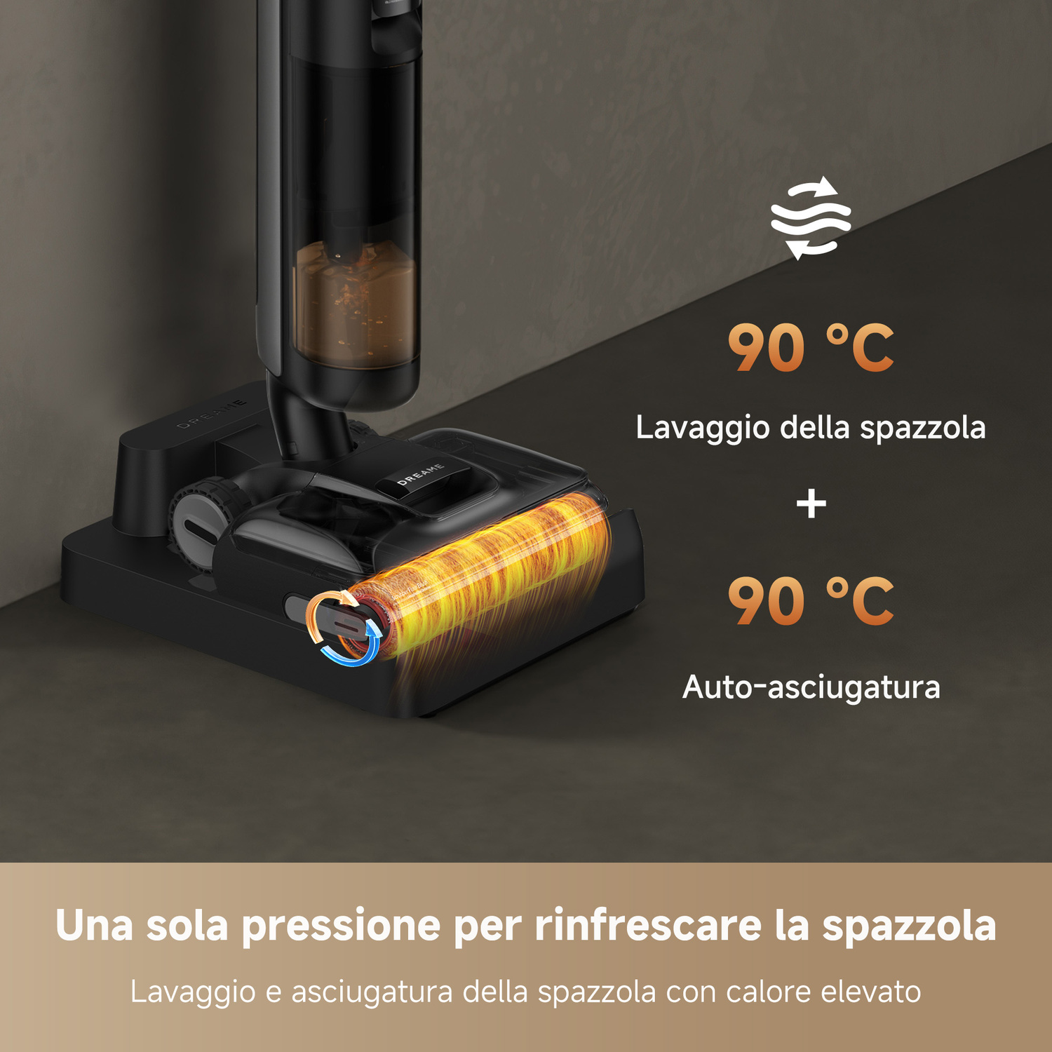 Testina aspirapolvere nera con spazzola calda e rotante e display testuale.