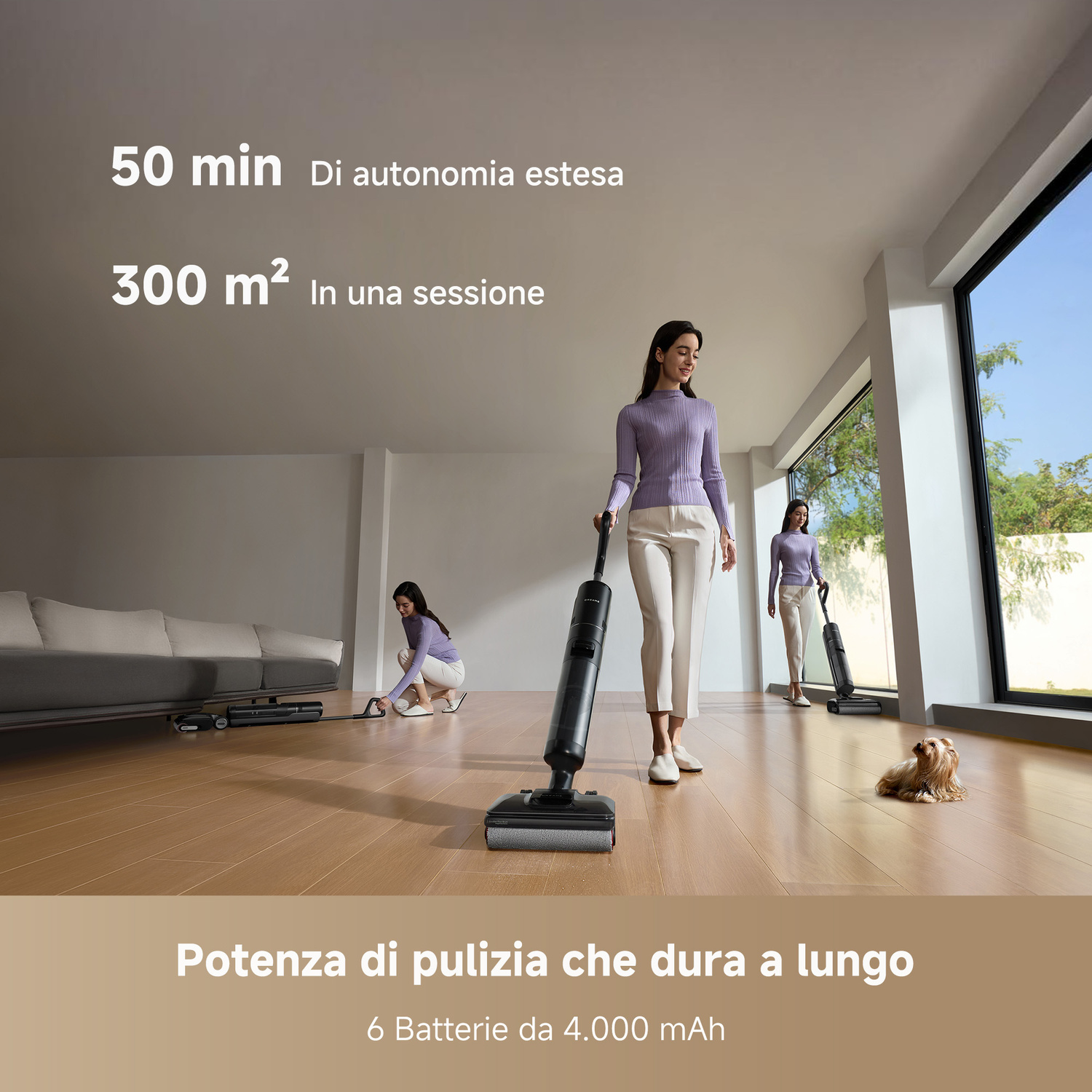 Due donne puliscono una stanza luminosa con aspirapolveri. "50 min", "300 m²".