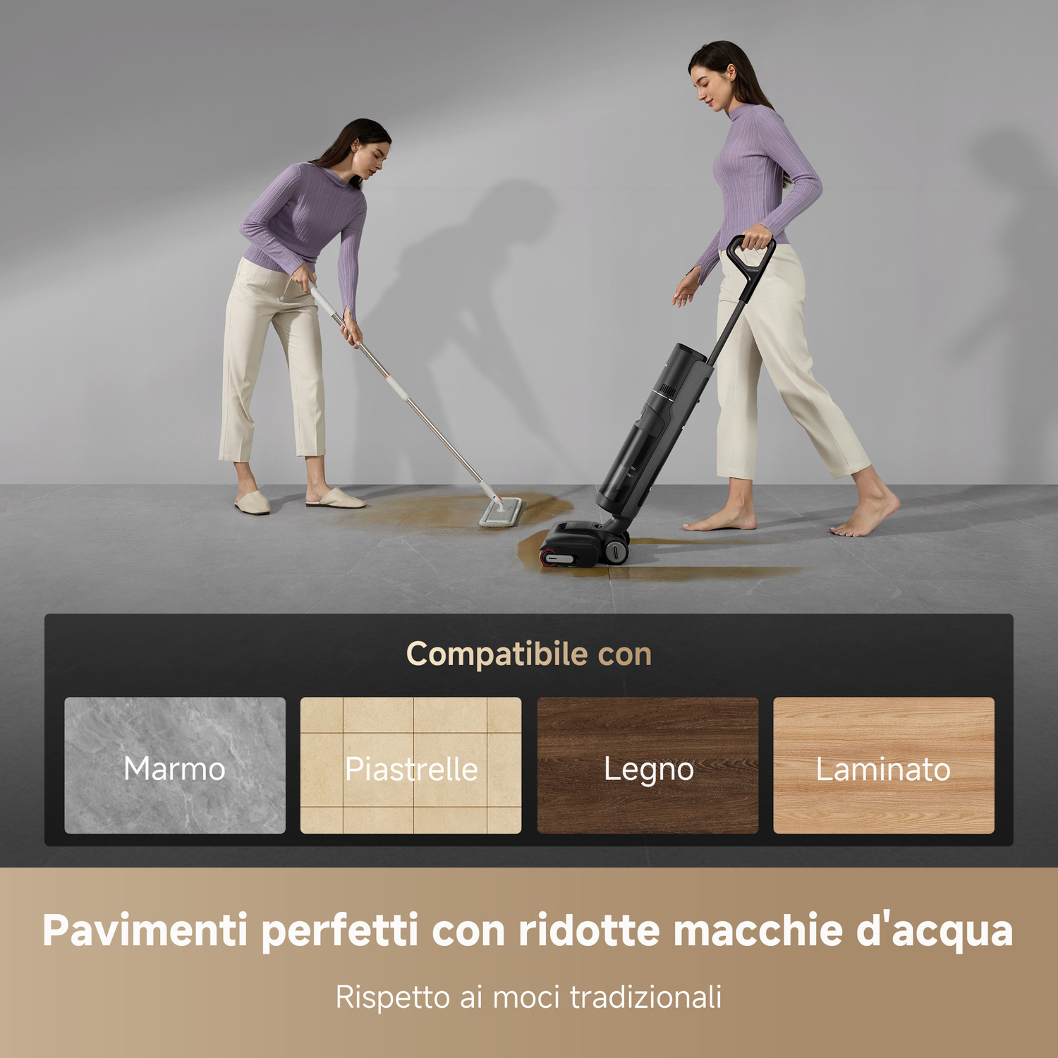 Due donne puliscono pavimenti: una con mop, l'altra con aspirapolvere bagnato/asciutto.
