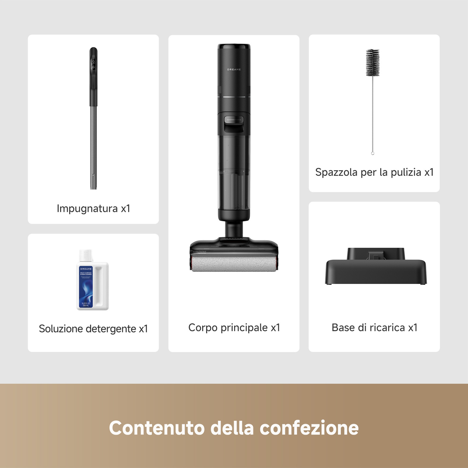 Impugnatura, corpo principale, base di ricarica, soluzione detergente, spazzola.