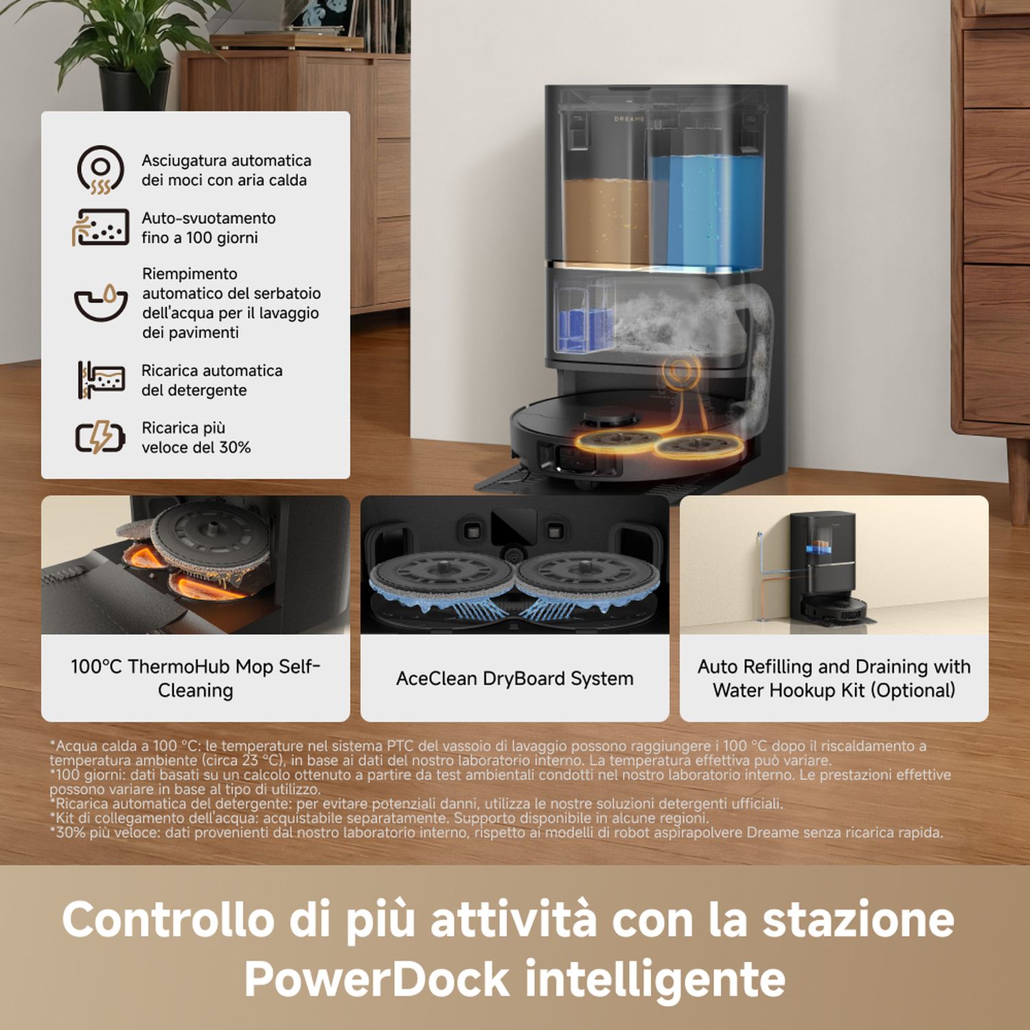Base robot con serbatoi acqua e funzioni pulizia moci.
