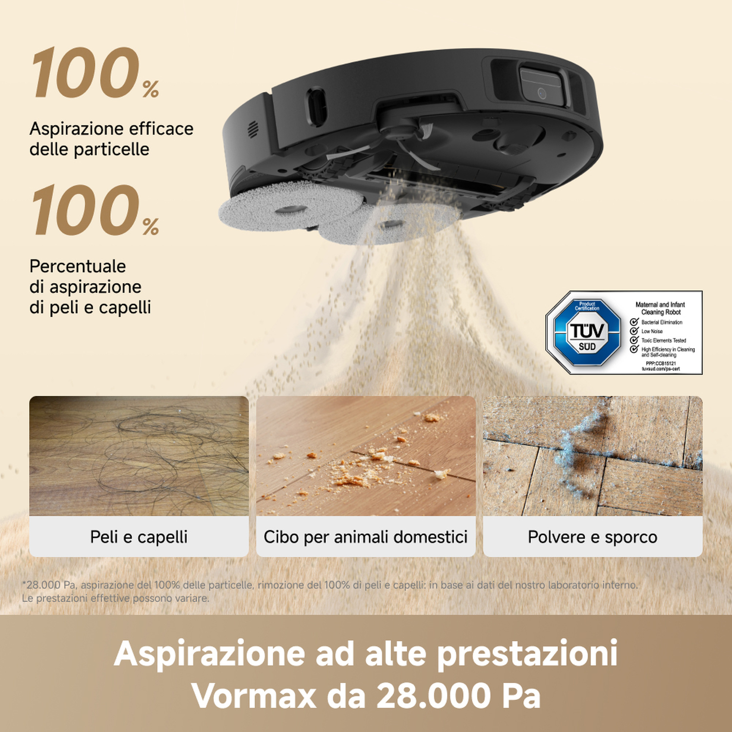Un robot aspirapolvere pulisce polvere, peli e cibo per animali. Certificato TÜV.