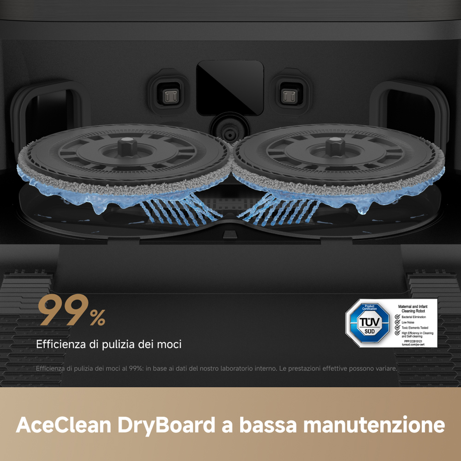 Un robot aspirapolvere con due mop rotanti che spruzzano acqua.