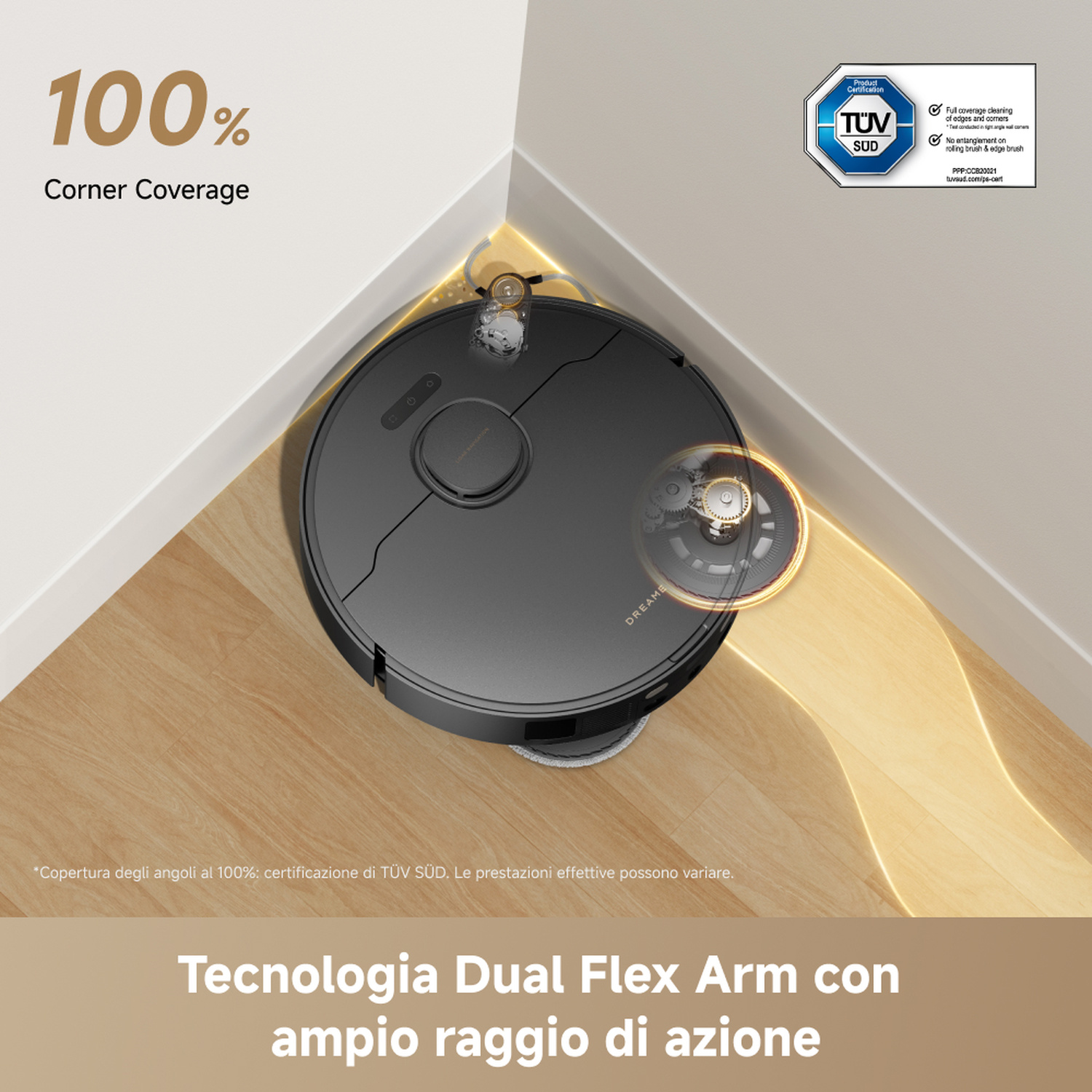 Robot aspirapolvere nero pulisce un angolo di pavimento in legno. 100% copertura.