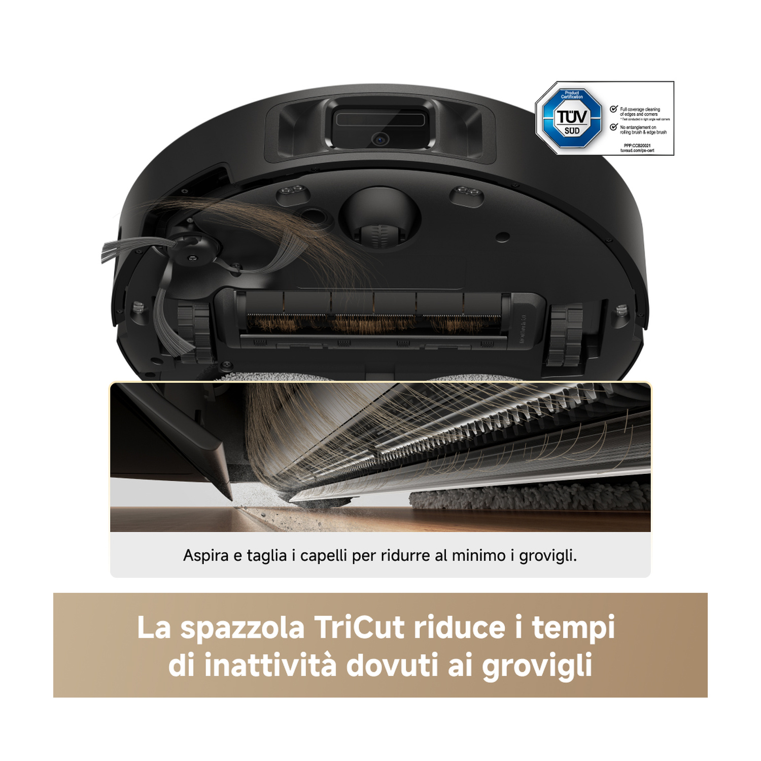 Parte inferiore di un robot aspirapolvere nero con spazzole e sigillo di certificazione.