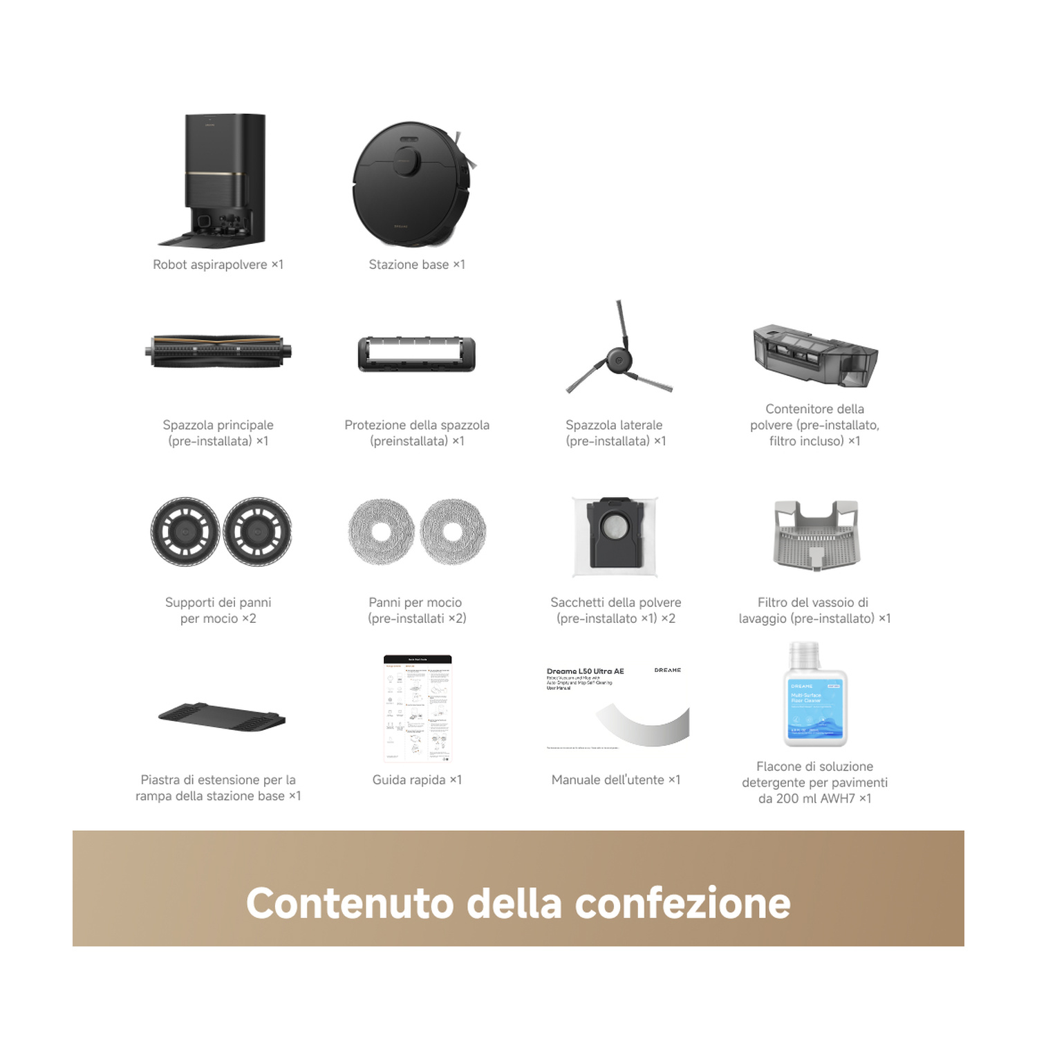 Contenuto della confezione: Robot aspirapolvere, stazione di ricarica, spazzole e accessori.