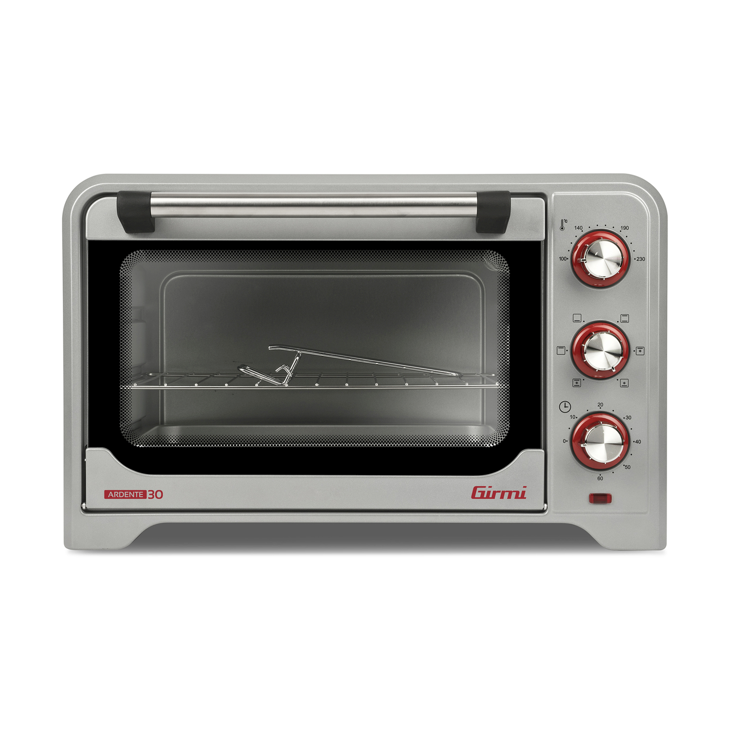 Un forno da banco argentato con griglia e manopole.