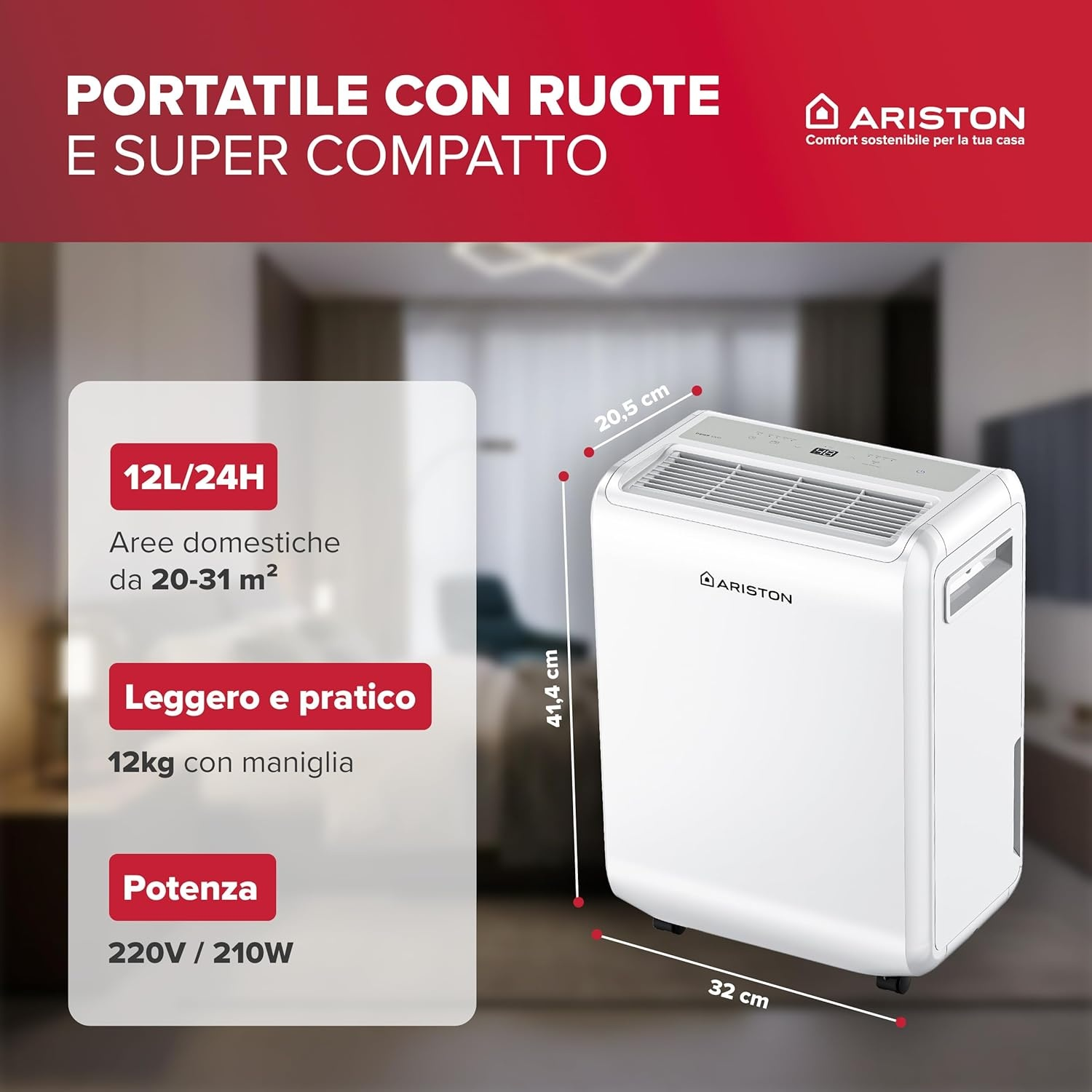 Un deumidificatore Ariston bianco con ruote, dimensioni 41,4x32x20,5cm.