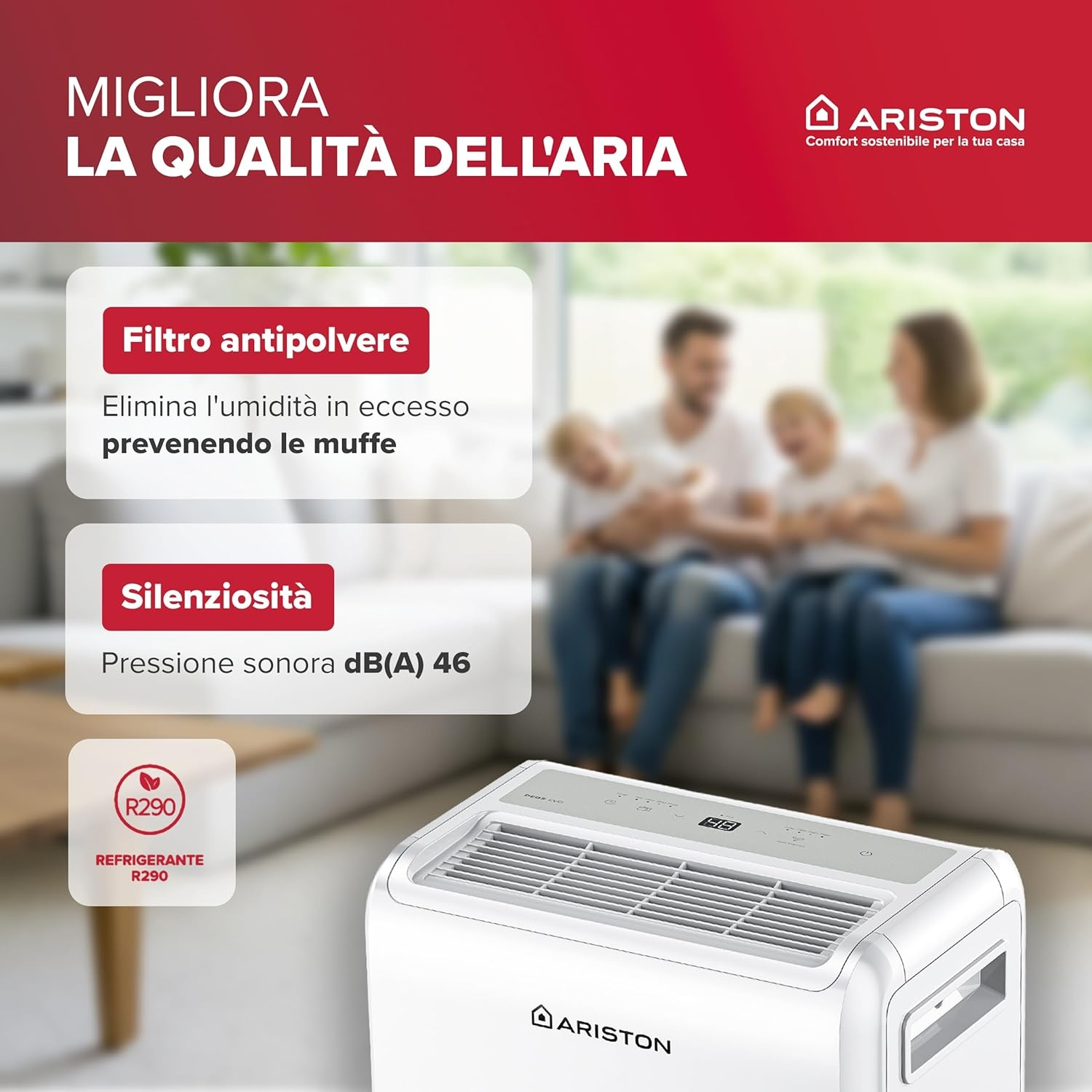 Deumidificatore Ariston con filtro, silenzioso, per famiglia.