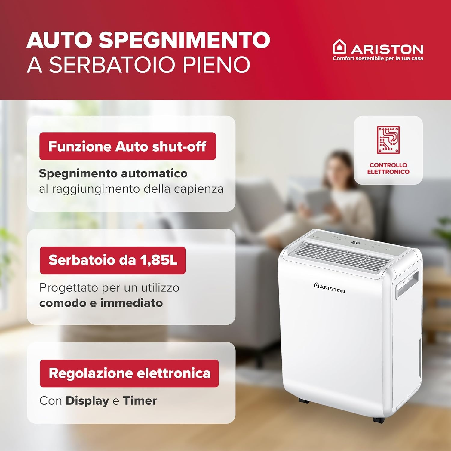 Un deumidificatore Ariston bianco con controllo elettronico e serbatoio da 1,85L.