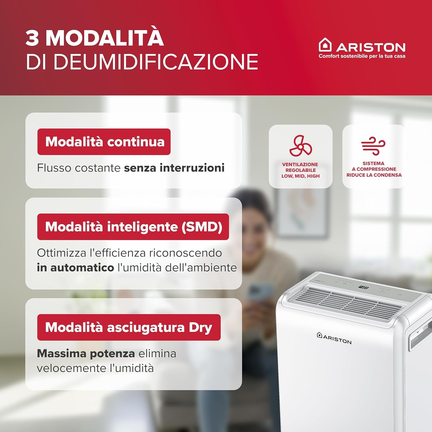 Deumidificatore Ariston 3 modalità: Continua, Intelligente (SMD) e Dry. Con ventola regolabile e sistema a compressione.
