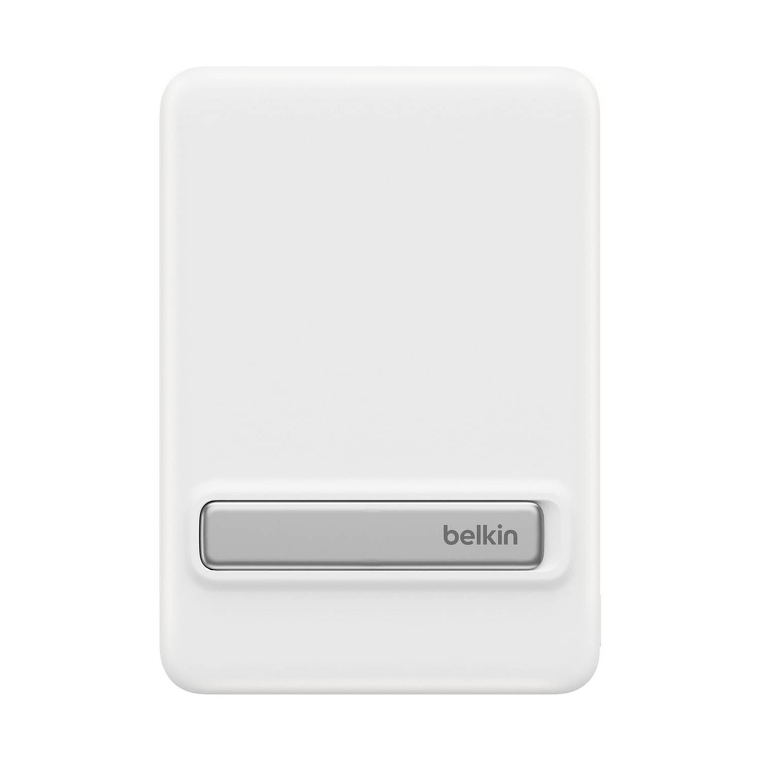 Caricatore rettangolare bianco con sezione centrale grigio argento e logo Belkin.
