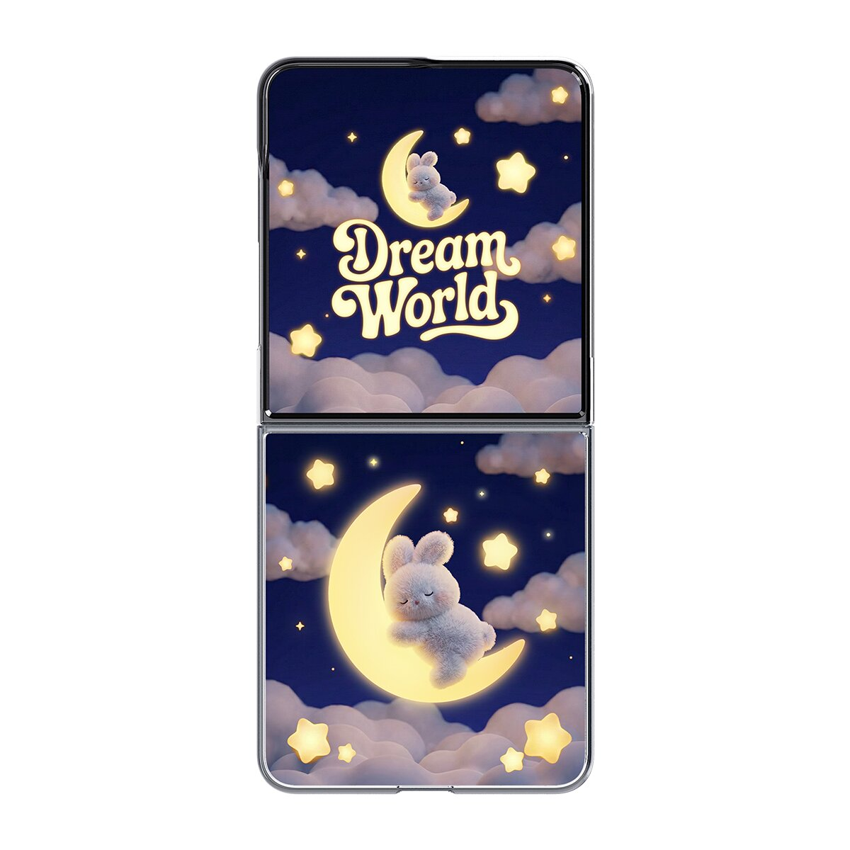 Katlanabilir telefon, üzerinde tavşan olan bir ay ve 'Dream World' yazısı gösteriyor.