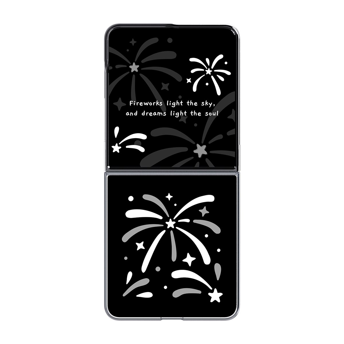 Havai fişek tasarımlı ve metinli kapaklı telefon.