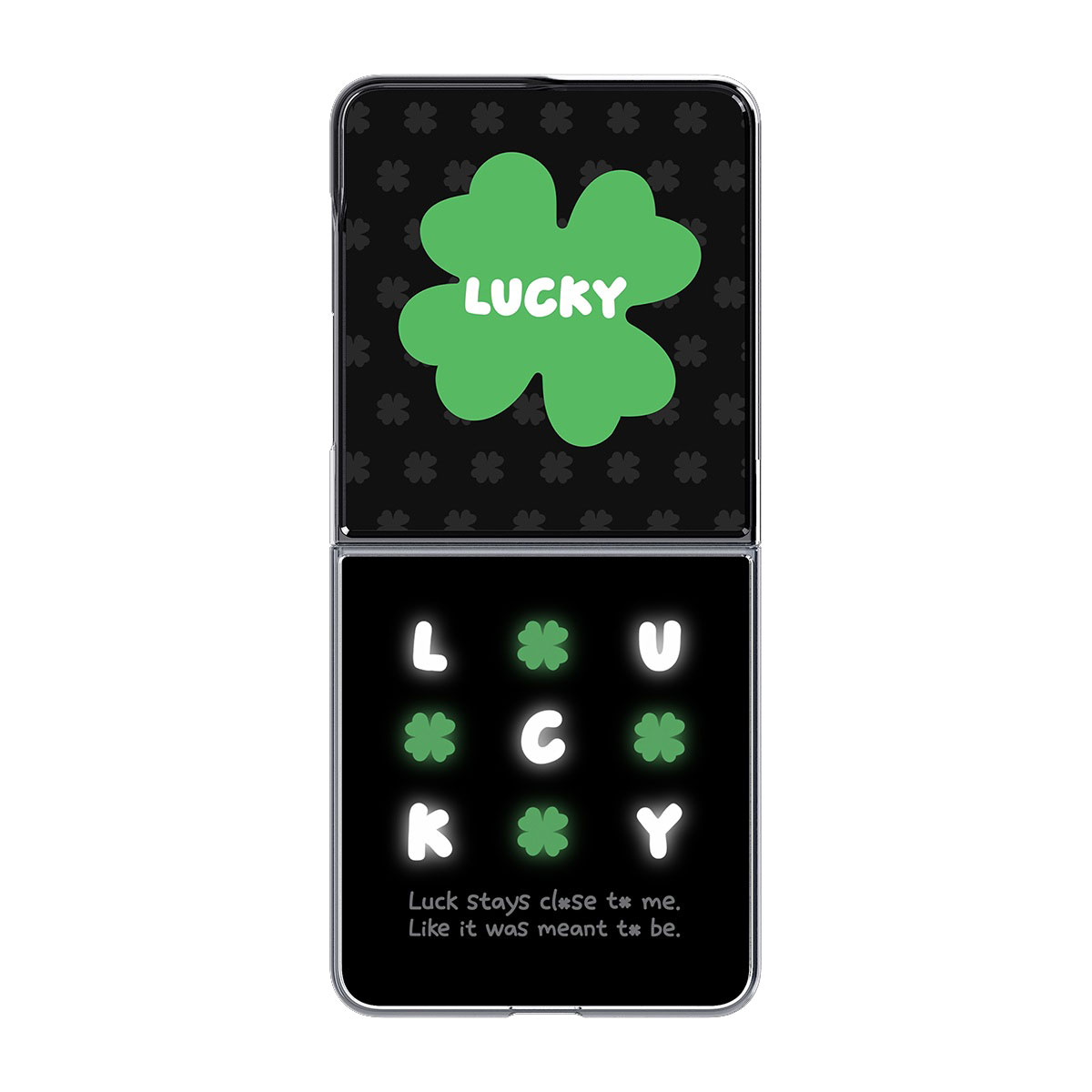 Yeşil yonca ve "LUCKY" yazılı kapaklı telefon. Harfler L-U-C-K-Y.
