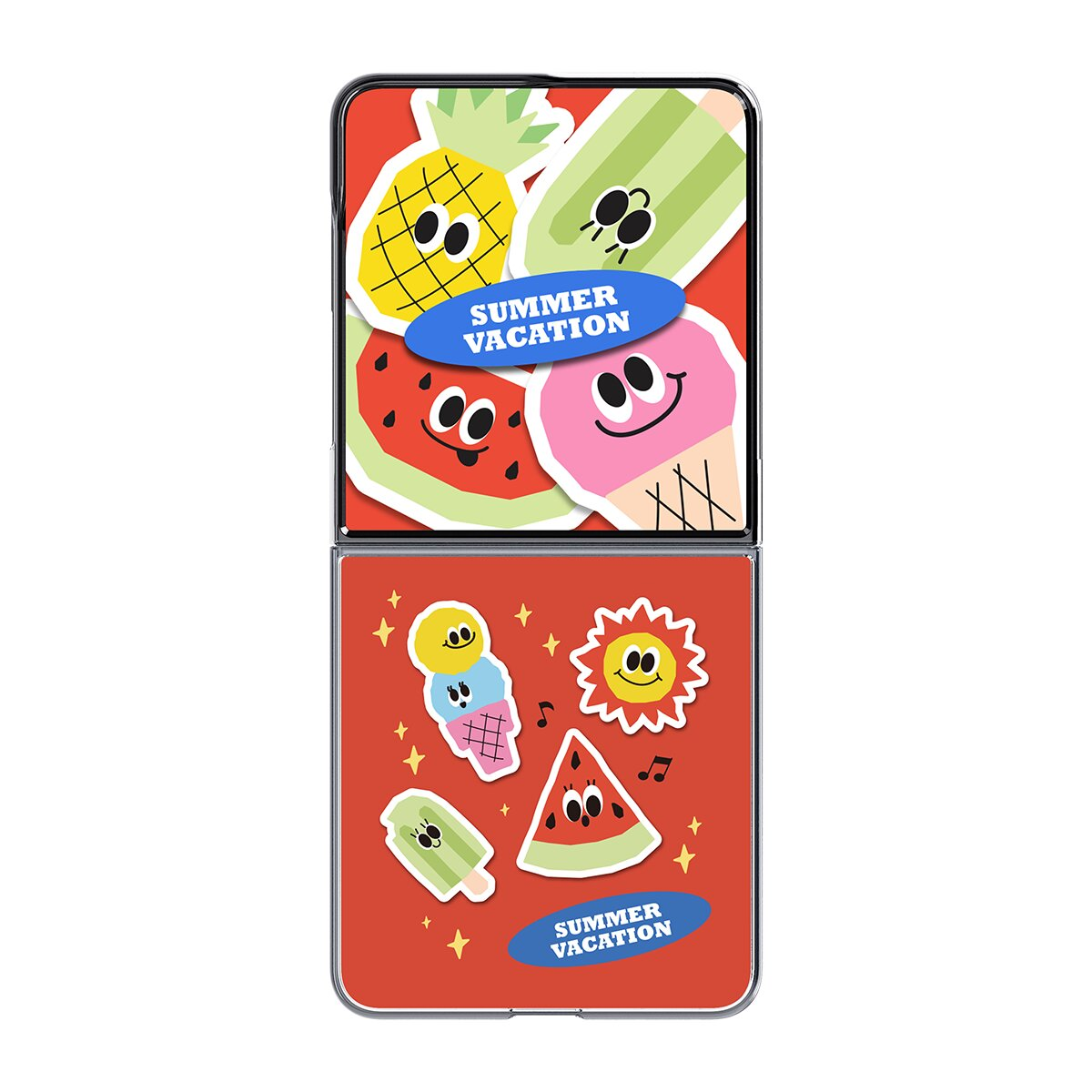 Ananas, karpuz, dondurma ve güneş gibi yaz çıkartmalarıyla süslenmiş katlanabilir telefon.
