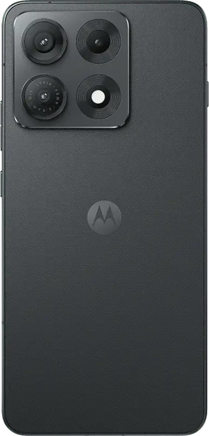 Sötét Motorola okostelefon hátoldala négy kamerával és logóval.