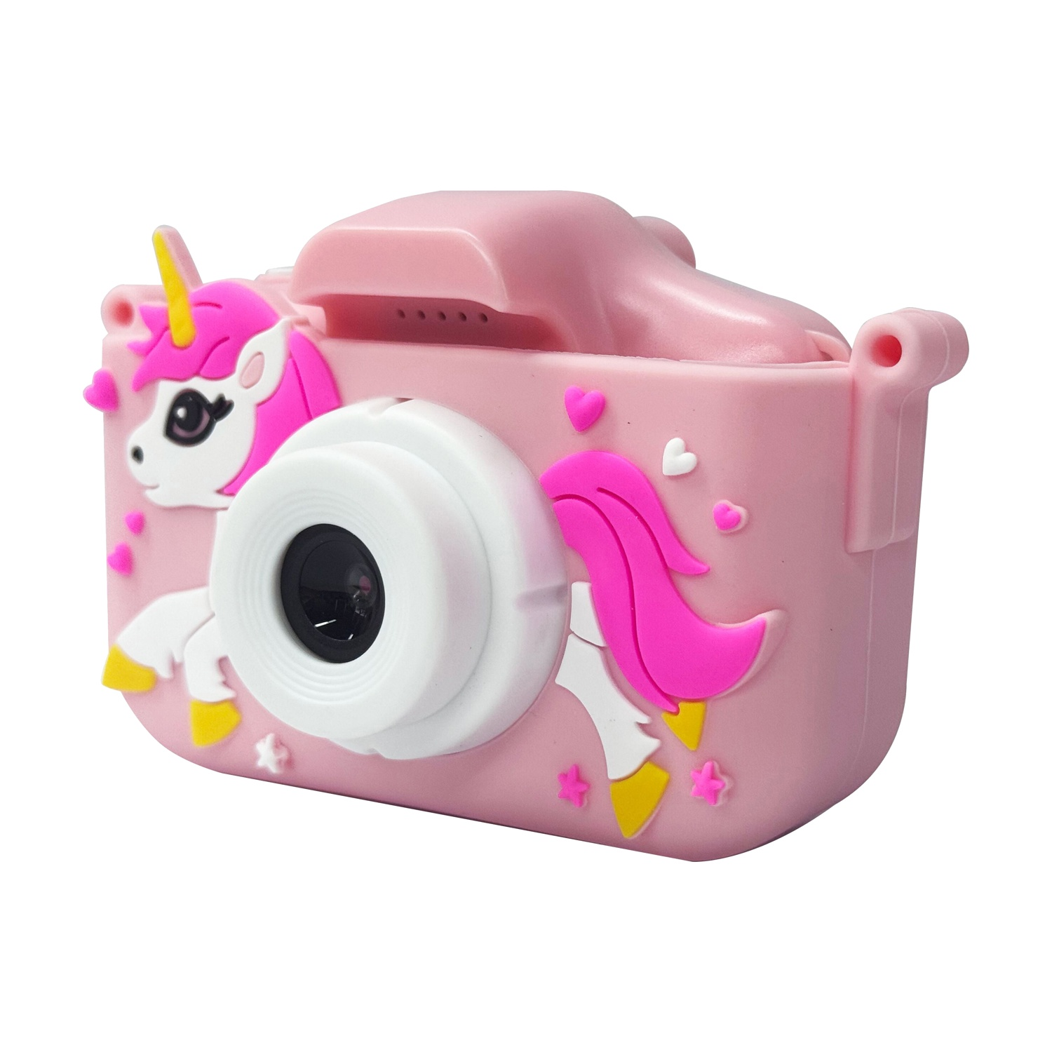 Una macchina fotografica giocattolo rosa a tema unicorno con obiettivo bianco e accenti rosa.