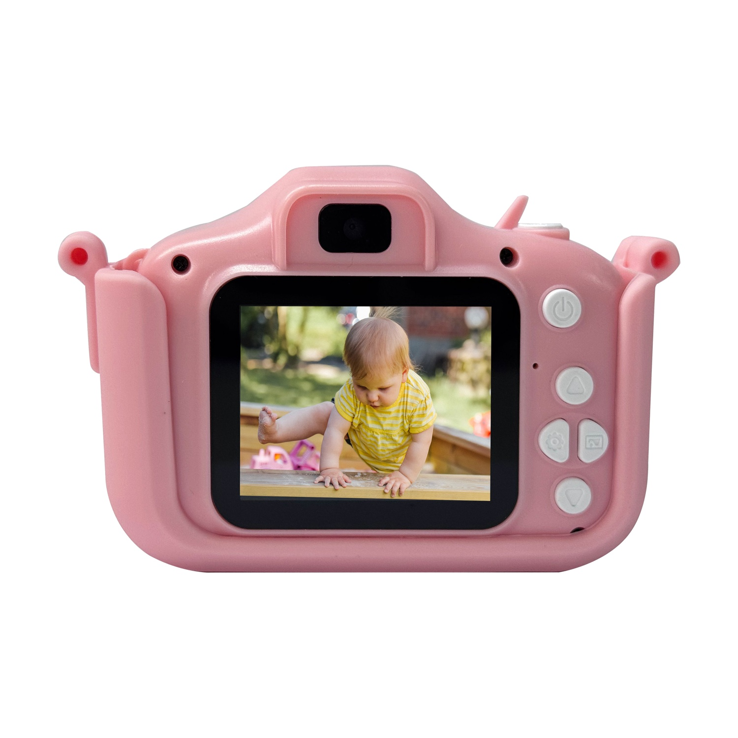 Una fotocamera digitale rosa mostra un bambino in una sandbox sul suo schermo.
