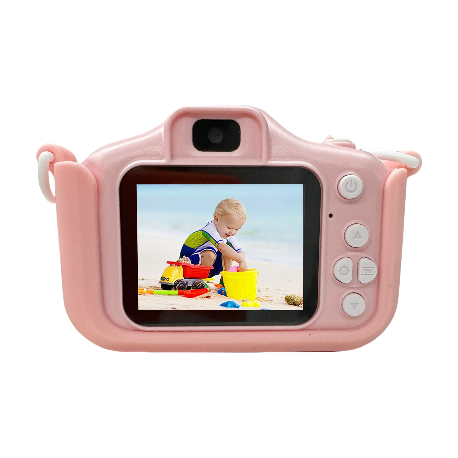 Una fotocamera rosa per bambini mostra un bambino che gioca sulla spiaggia sullo schermo.