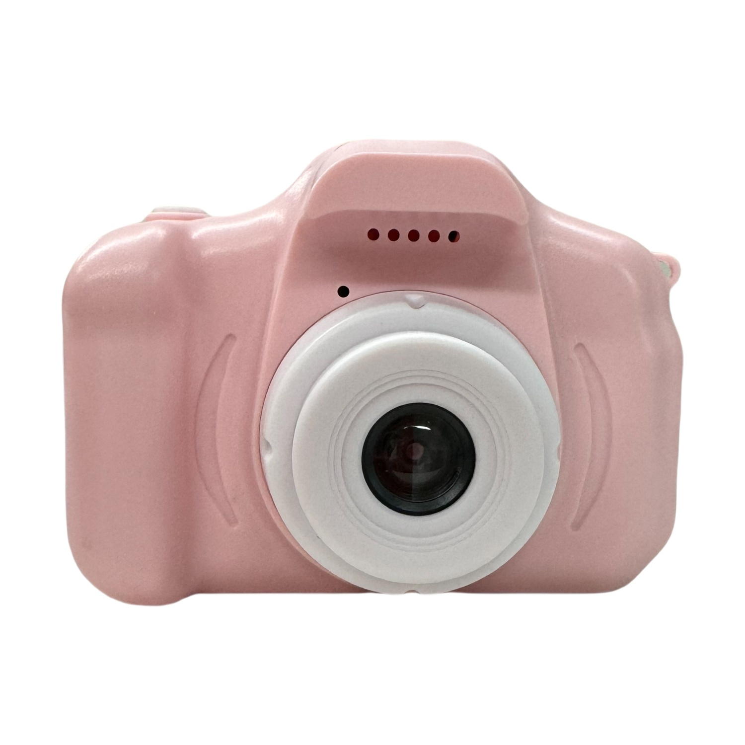 Una fotocamera digitale rosa per bambini con ghiera bianca.