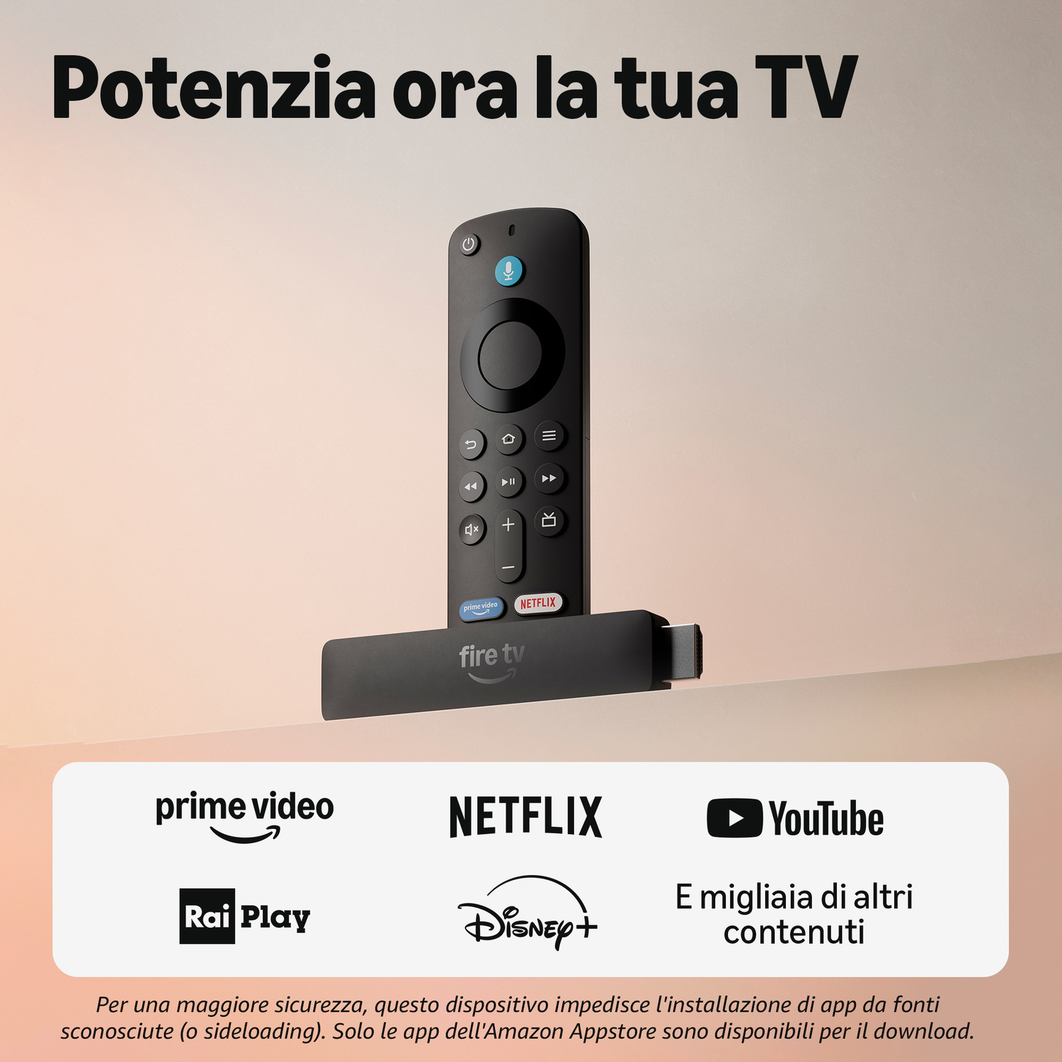 Un Fire TV stick nero con telecomando, circondato dai loghi dei popolari servizi di streaming.