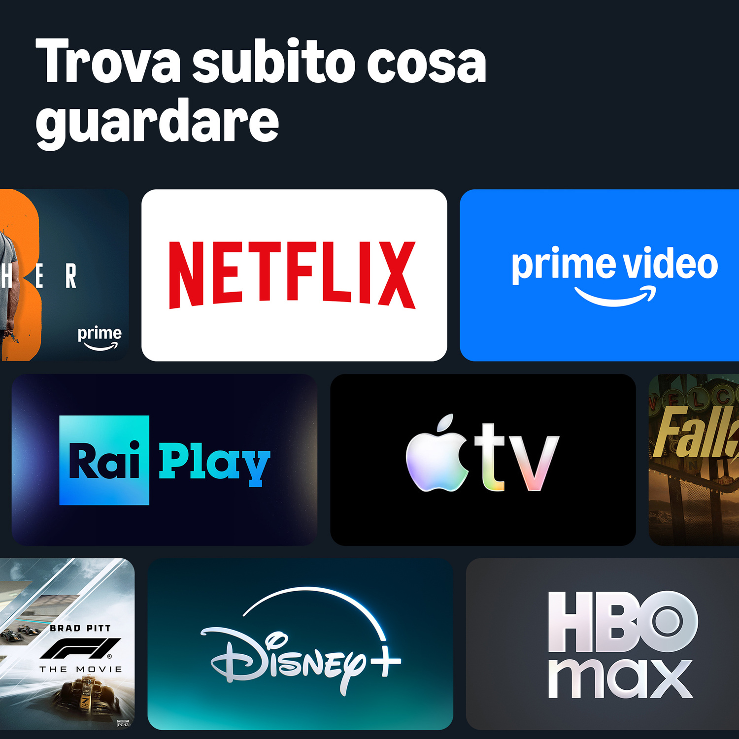Loghi di servizi di streaming: Netflix, Prime Video, Rai Play, Apple TV, Disney+, HBO Max.
