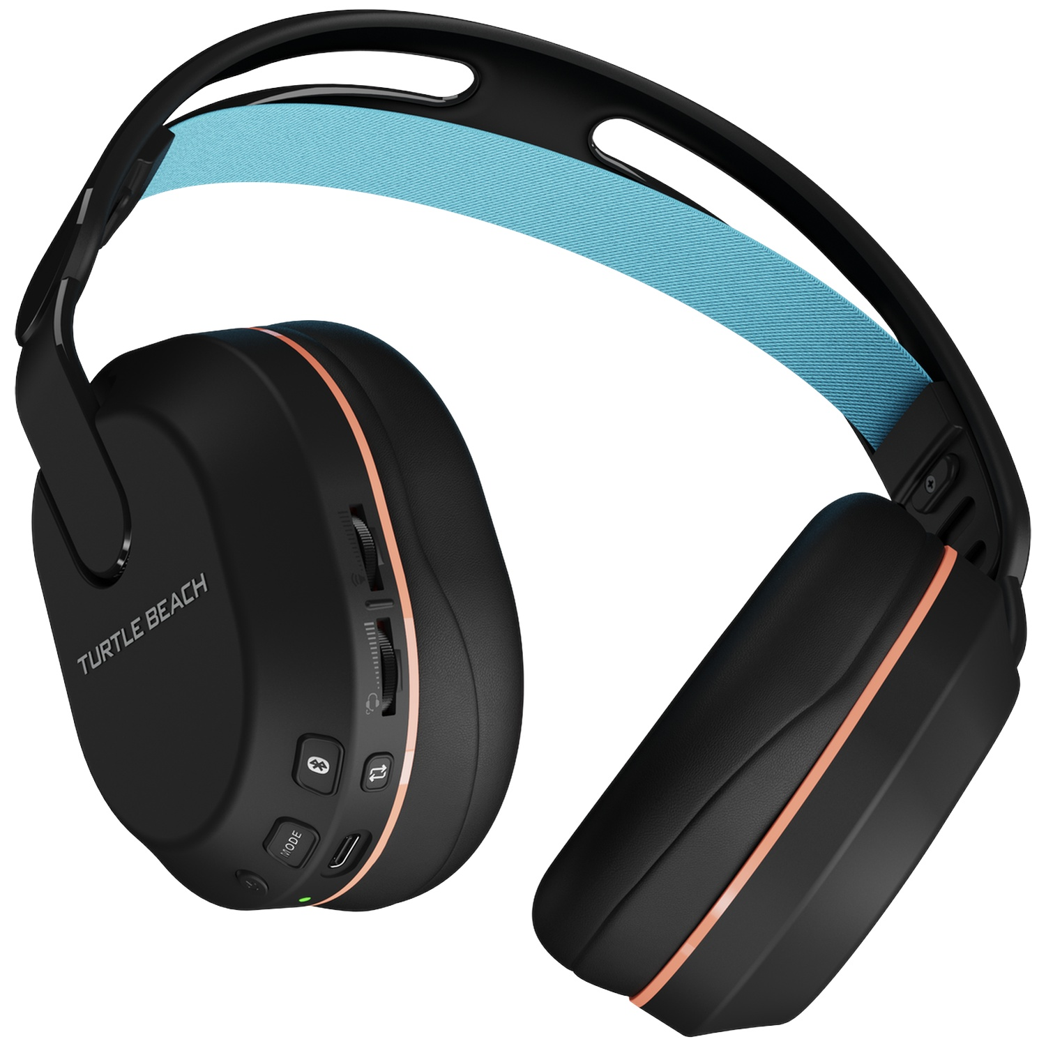 Casque noir avec arceau bleu et accents cuivre.
