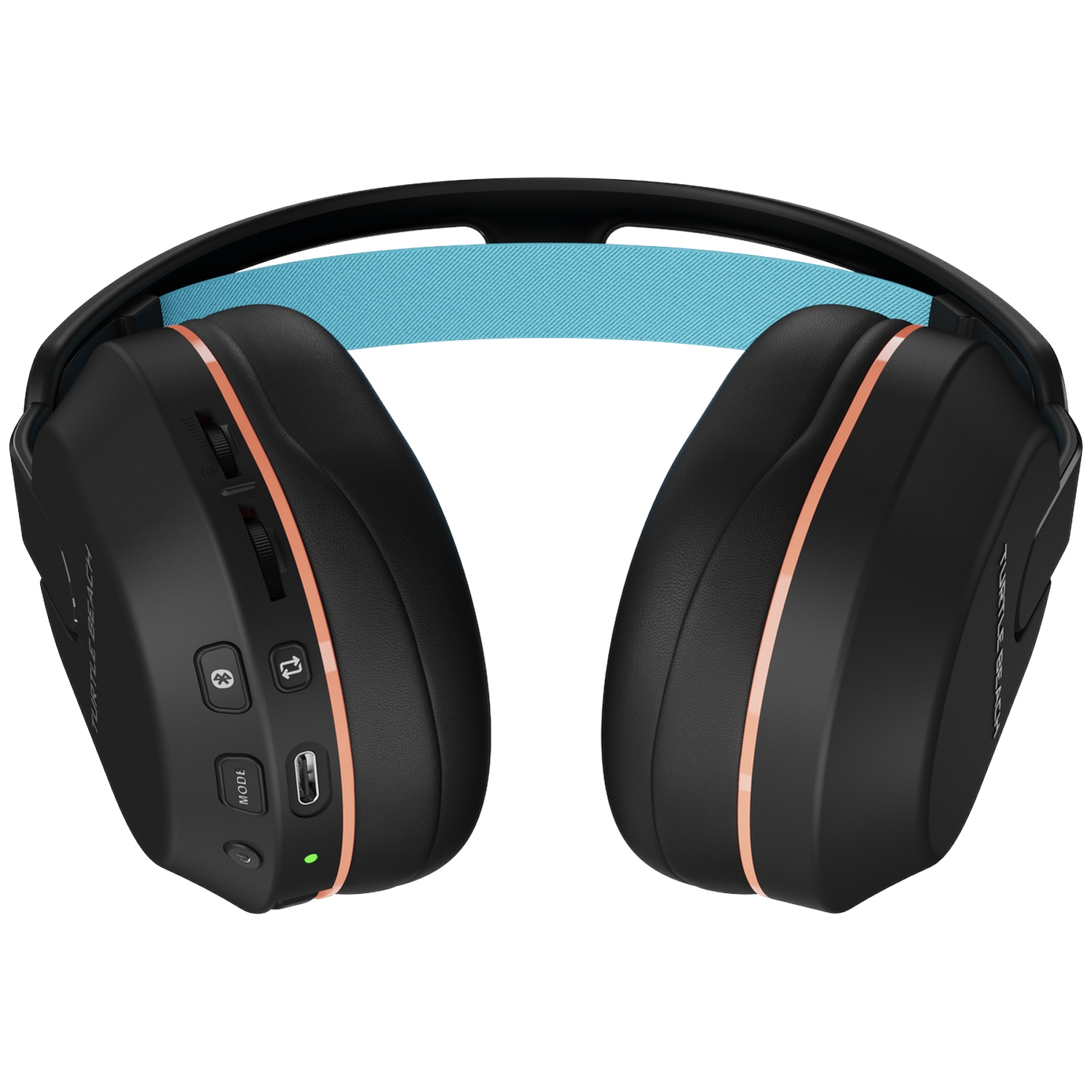 Casque noir avec bordure en cuivre et bande bleue. Commandes sur le côté.
