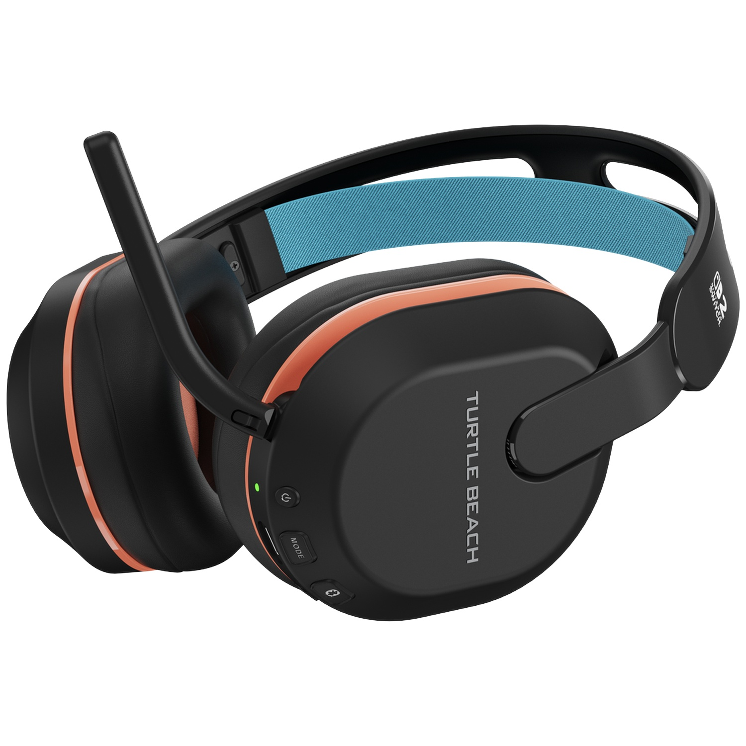 Casque Turtle Beach noir avec accents orange et bandeau en tissu bleu.