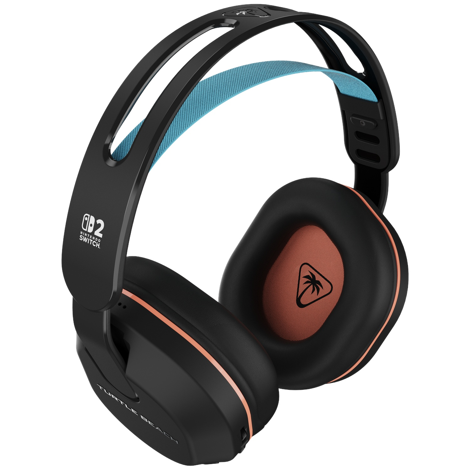 Casque noir avec bandeau bleu et accents corail. Logo Nintendo Switch.