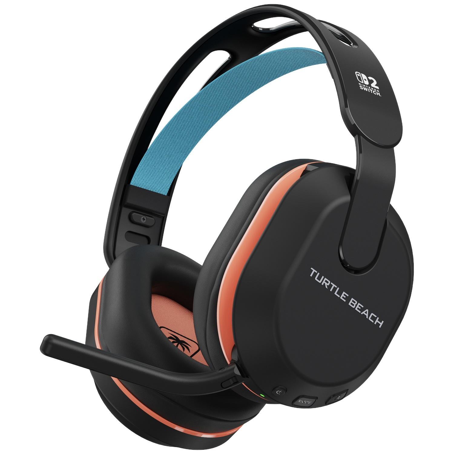 Casque noir Turtle Beach avec accents orange et bandeau bleu. Logo Nintendo Switch.