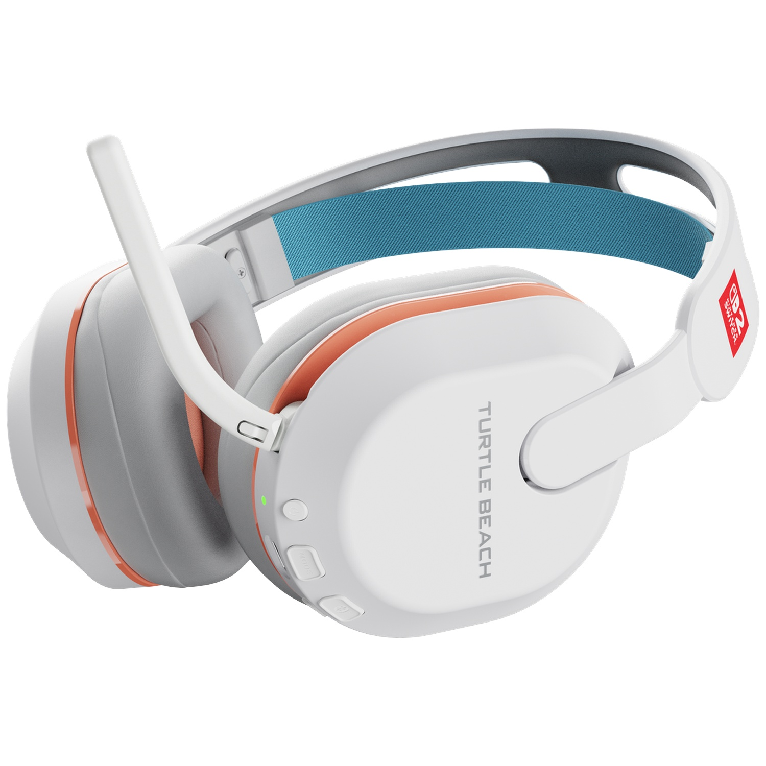 Casque blanc Turtle Beach avec accents orange et bandeau en tissu bleu.