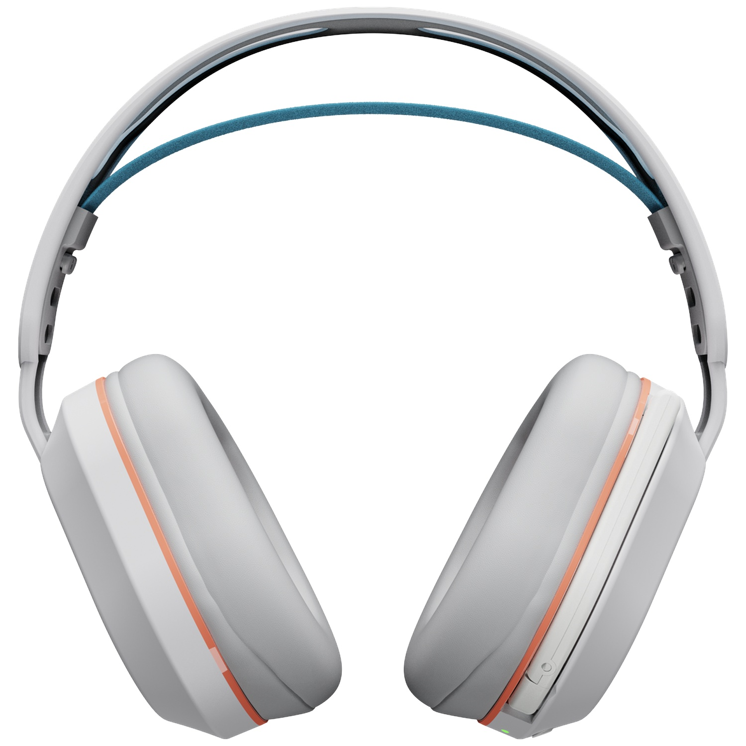 Casque blanc avec bandeau bleu et accents orange.